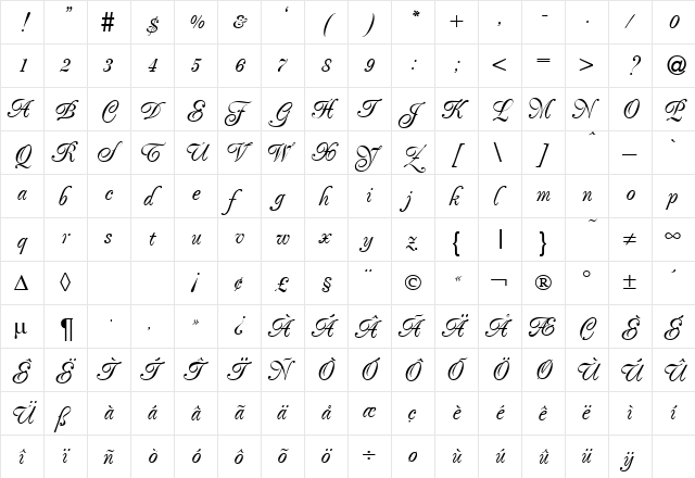 PoemExclusive DB Regular  glyph index