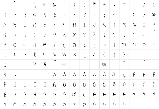 Blue Spent Regular  glyph index