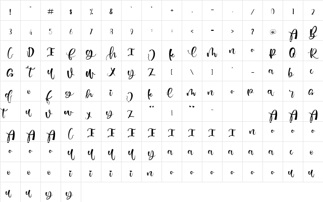 Just Love Regular  glyph index
