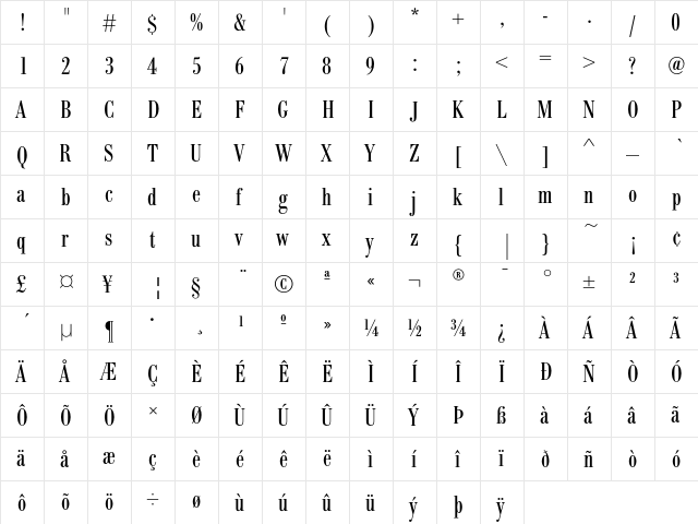 BodoniEF RegularCond  glyph index