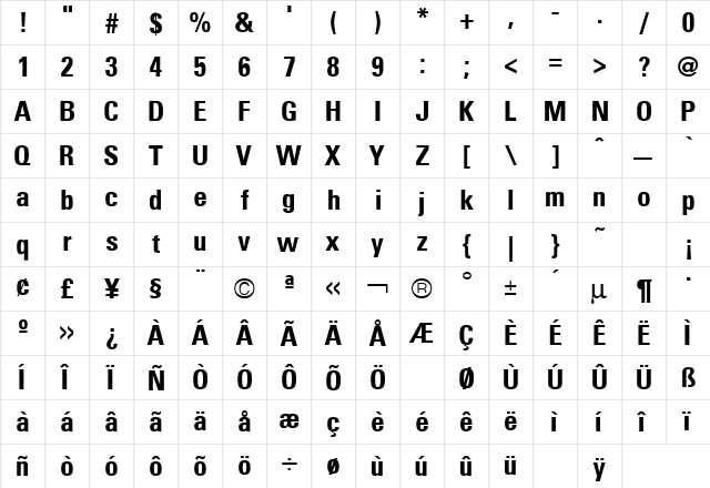 Uniform Condensed Bold  glyph index