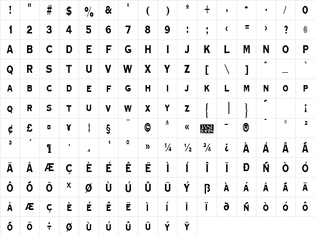 GraverplateNarrowXbold Regular  glyph index