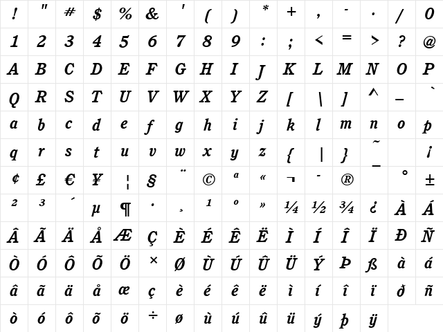 Calgary BoldItalic  glyph index