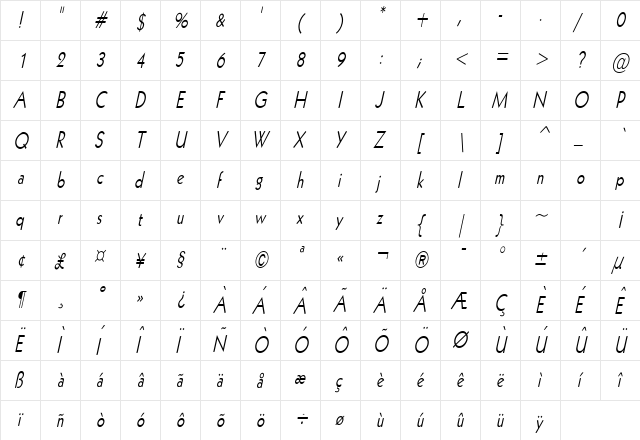 Geo 112 Thin Italic  glyph index