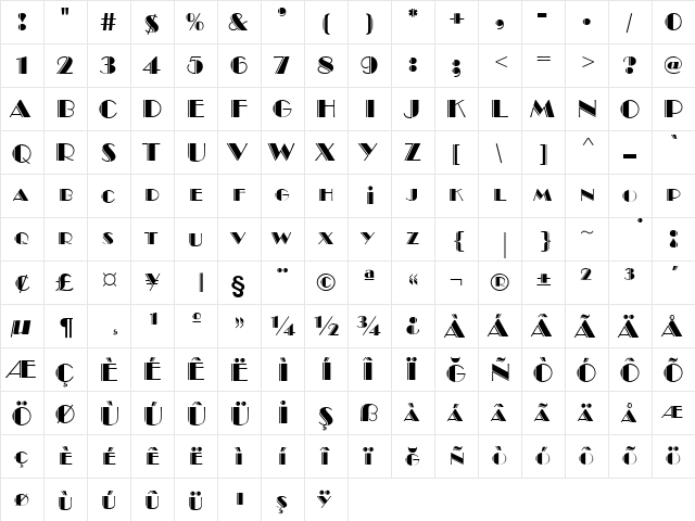 Bravo Engraved Regular  glyph index