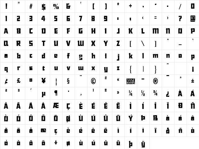 ChiselCondensed Regular  glyph index