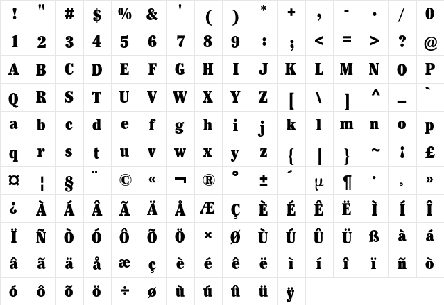 Cheltenham ITC BQ Regular  glyph index