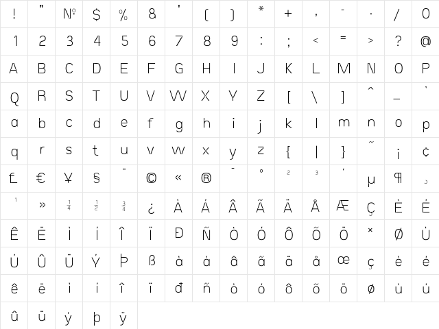Eunuverse Roman  glyph index