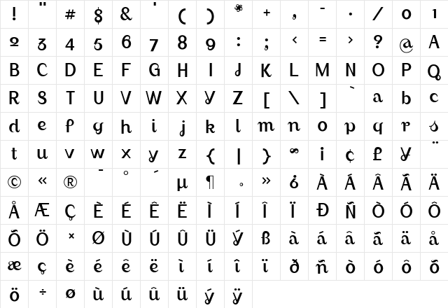 August Regular  glyph index