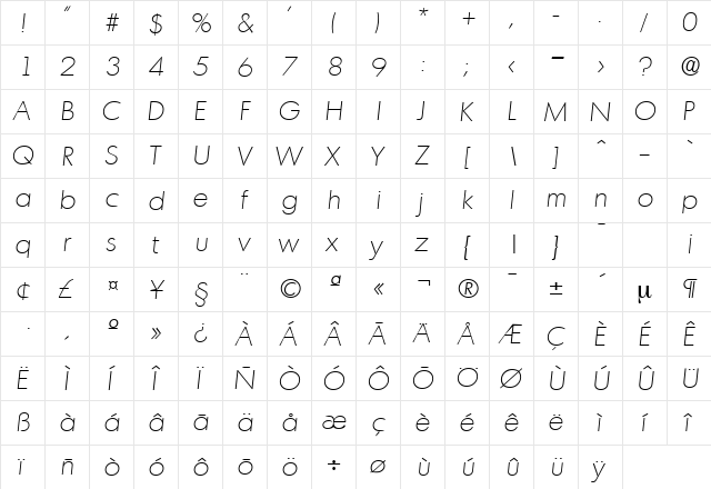 Montreal-Serial-ExtraLight RegularItalic  glyph index