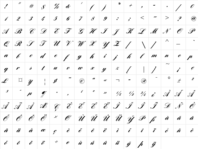 English Script LT Std Regular  glyph index