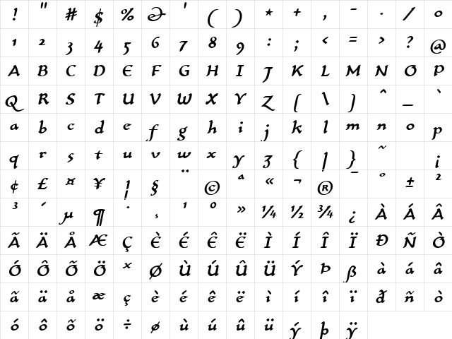 CarlinScript LT Std MediumIt Regular  glyph index