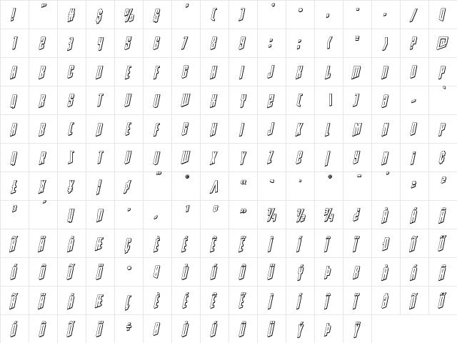 Rhinoclops 3D Italic Regular  glyph index