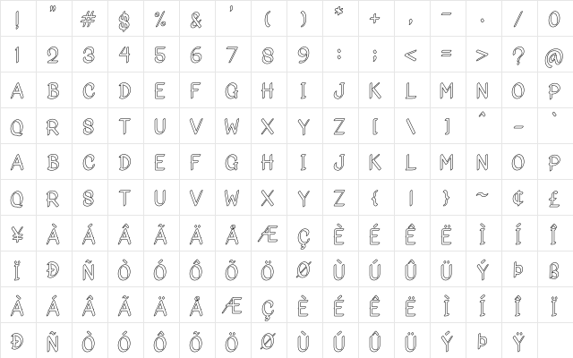 Bigoutliner Regular  glyph index