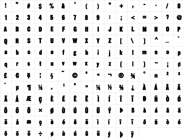 SansThirteenBlack Regular  glyph index