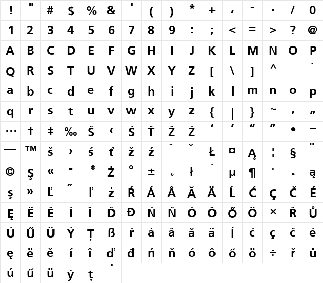 Frutiger CE 45 Light Bold  glyph index