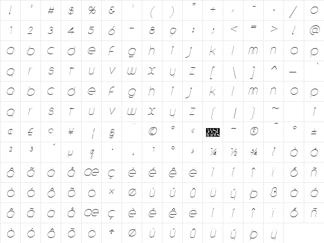 DebevicCircular Italic  glyph index