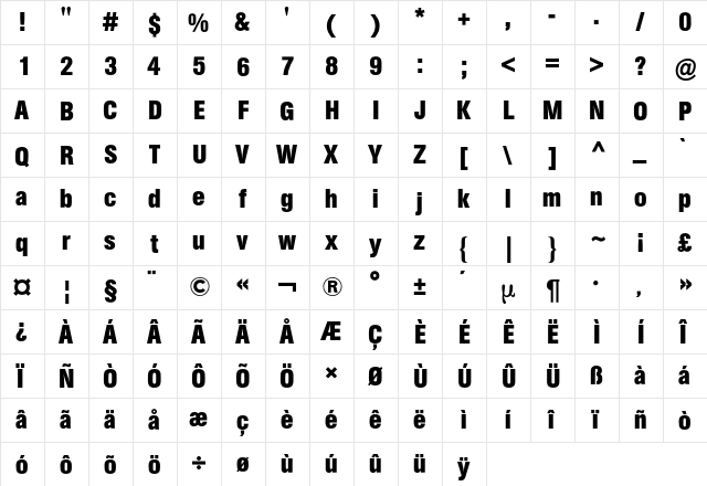 AG Buch Condensed BQ Regular  glyph index