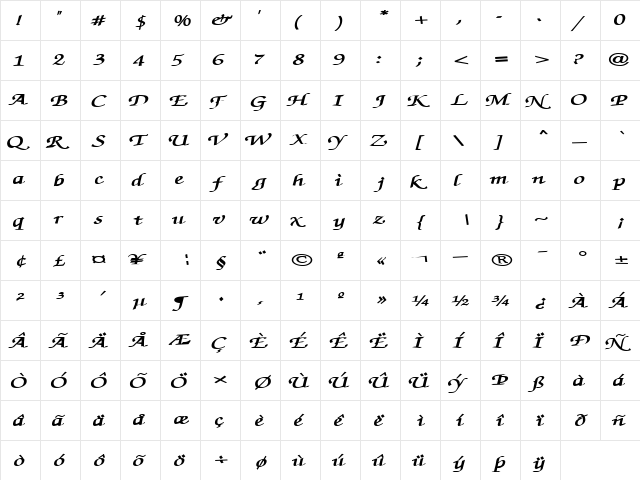 ChristianChicText65 Bold  glyph index