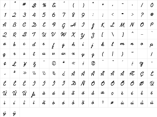 GE Arabesque Script Bold  glyph index
