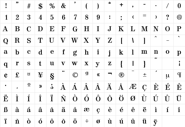 Valencia-Serial Bold  glyph index