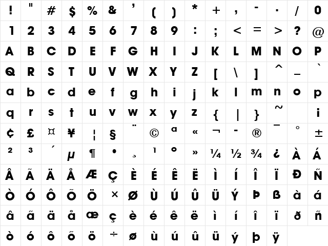 Avant Guard Bold  glyph index