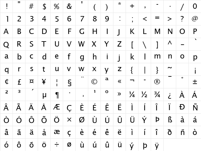 Lucida Becker Sans Regular  glyph index