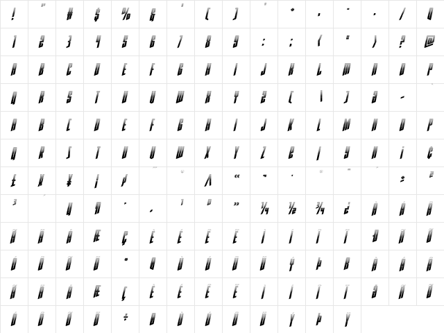Rhinoclops Halftone Italic Regular  glyph index