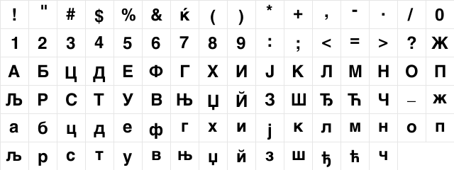 CSwiss Bold Regular  glyph index