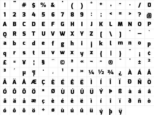 Exo Black  glyph index