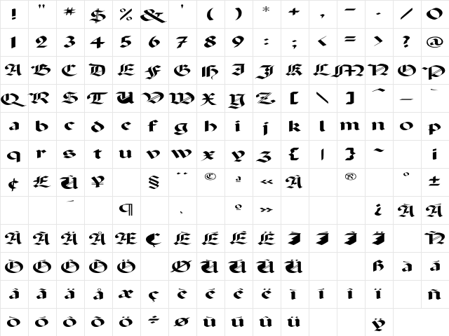 Paganini Ex Regular  glyph index