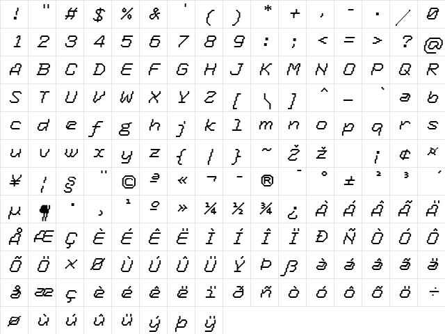 TronicLF-RegularItalic Regular  glyph index