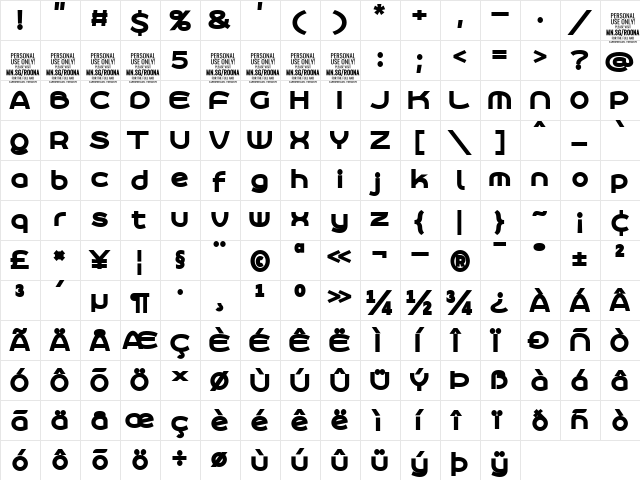 Roona Sans Black PERSONAL Regular  glyph index