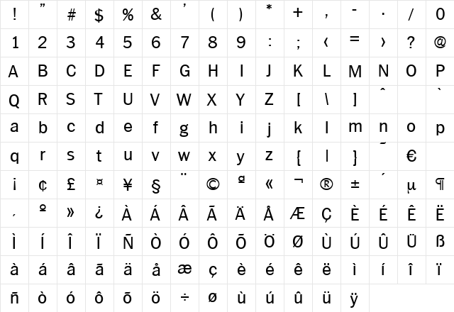 Plymouth-Regular Regular  glyph index