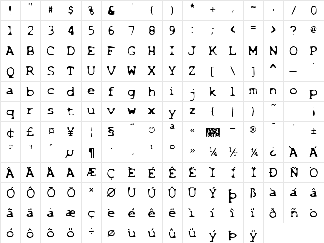 BleachedLight Regular  glyph index