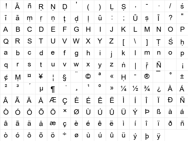 Sanserif Pali Regular  glyph index