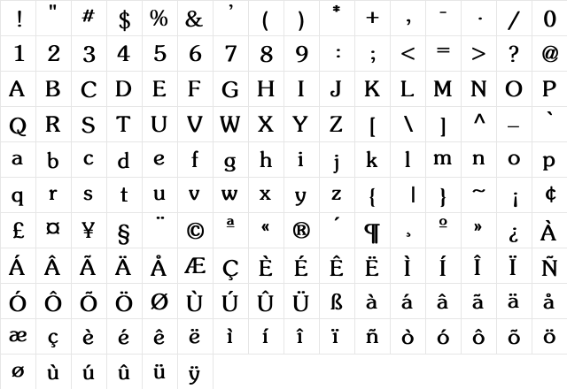 Silveron Bold  glyph index