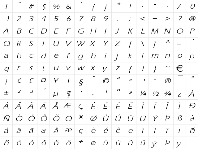EricWide Italic  glyph index