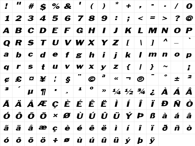 Philadelphia-Extended Italic  glyph index