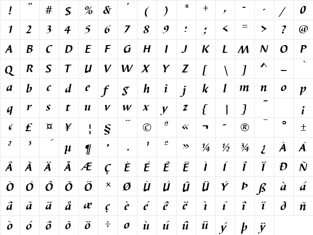 Barbedor Bold Italic  glyph index