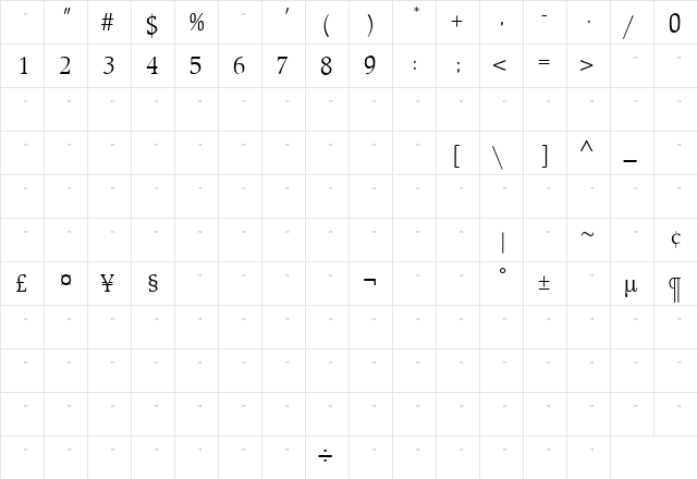 BeckenhamLightTab Roman  glyph index