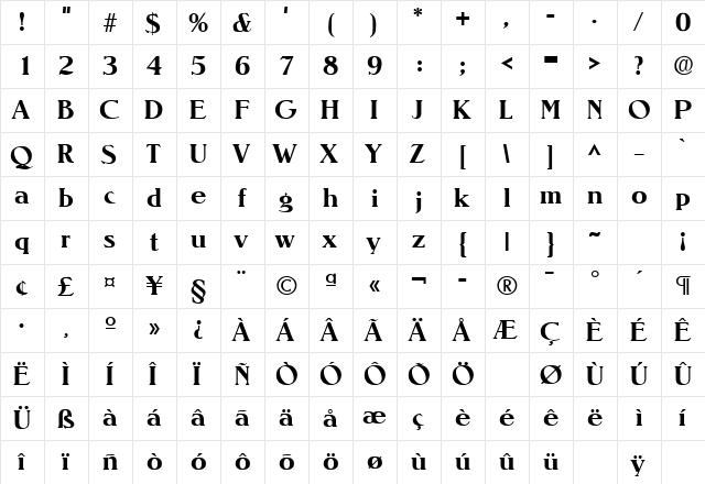 Nevada Bold  glyph index