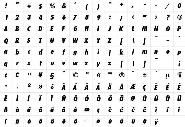 LimerickCond-Serial-ExtraBold RegularItalic  glyph index