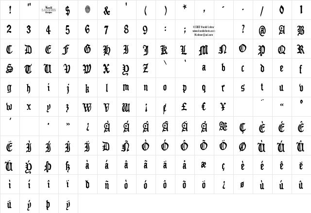 Benighted Regular  glyph index
