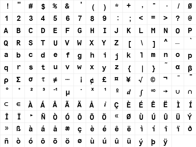 Ti92Pluspc Bold  glyph index