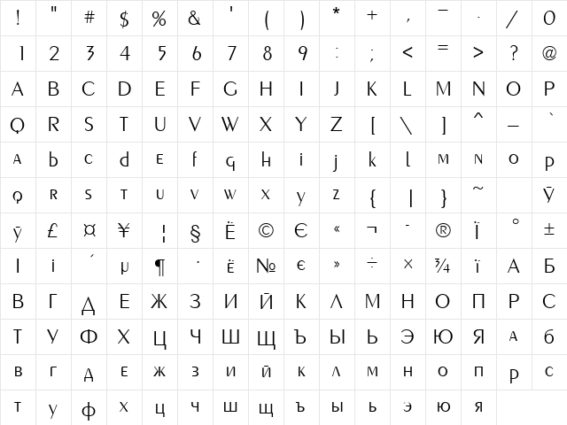 PentaLight Normal  glyph index