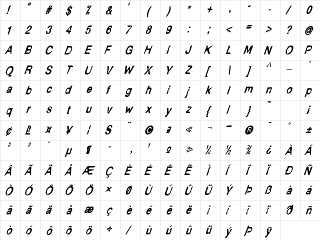 NudE Rubenesque Italic Regular  glyph index