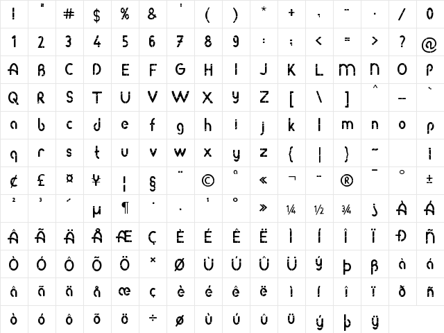 Roda Bamboo Regular  glyph index