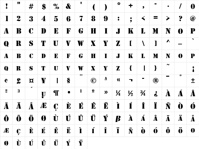 Stensil Normal  glyph index