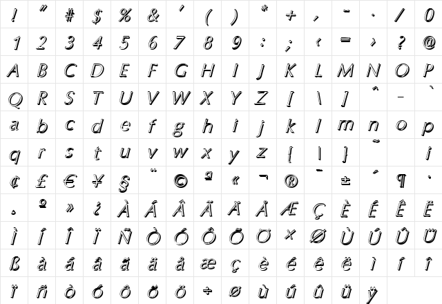 EricBeckerShadow-Xlight Italic  glyph index